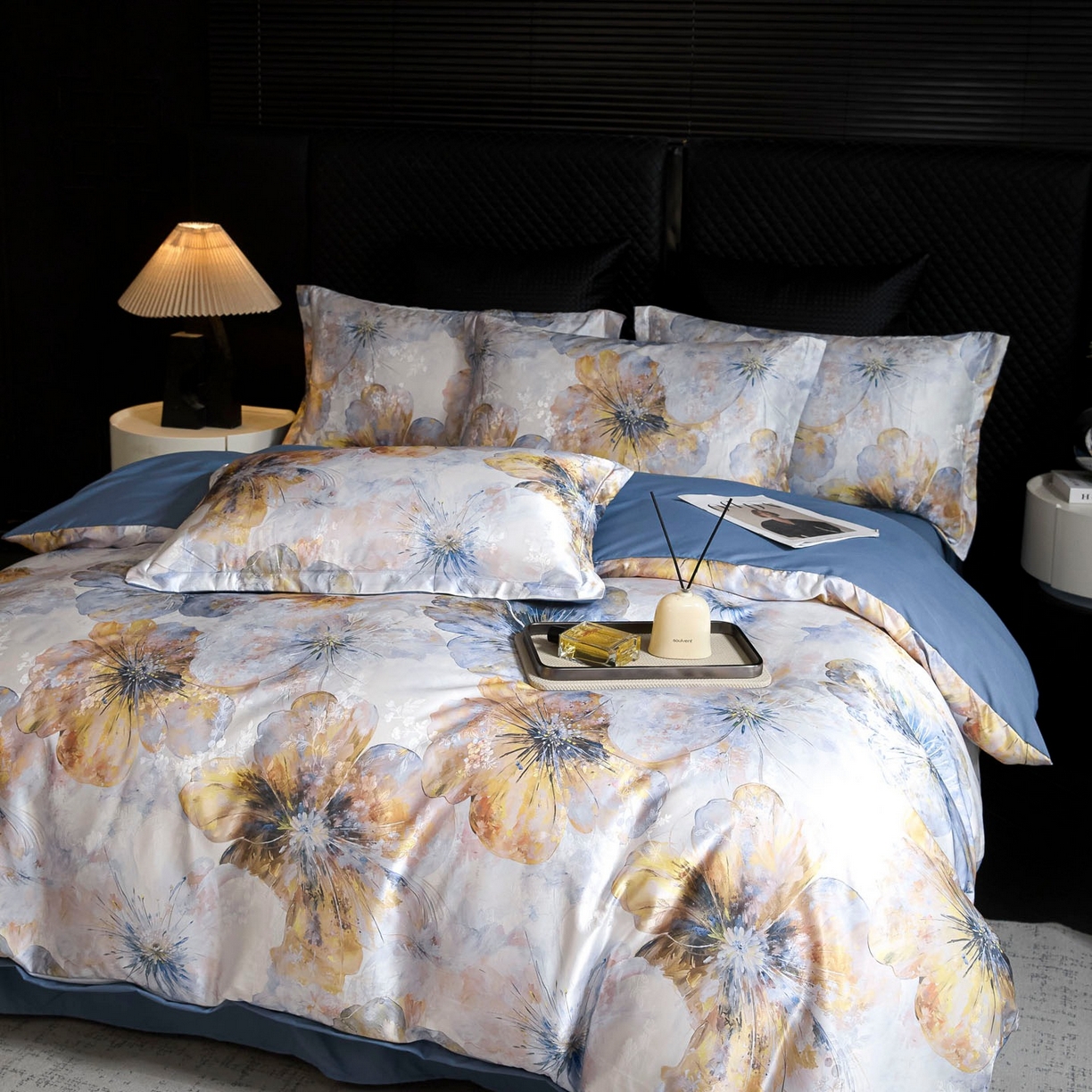 91家纺网 家纺一手货源 找家纺 莱欧纳家纺 2025新款轻奢提花印花四件套 印象-蓝灰