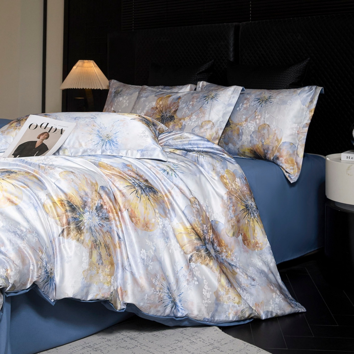 91家纺网 家纺一手货源 找家纺 莱欧纳家纺 2025新款轻奢提花印花四件套 印象-蓝灰