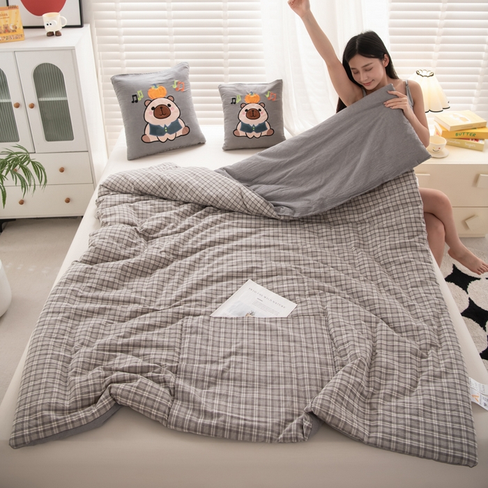 91家纺网 家纺一手货源 找家纺 吉利家居 2025新款全棉色织水洗抱枕被-卡皮巴拉 控价小号65 大号92 巴洛灰