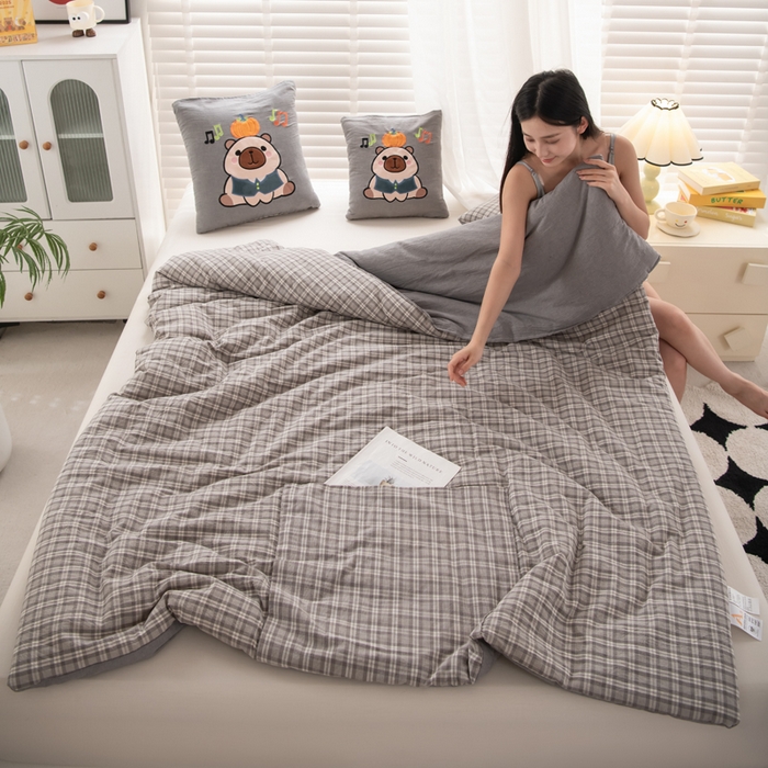 91家纺网 家纺一手货源 找家纺 吉利家居 2025新款全棉色织水洗抱枕被-卡皮巴拉 控价小号65 大号92 巴洛灰