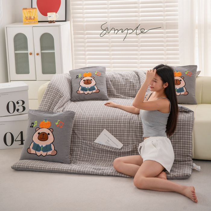 91家纺网 家纺一手货源 找家纺 吉利家居 2025新款全棉色织水洗抱枕被-卡皮巴拉 控价小号65 大号92 巴洛灰