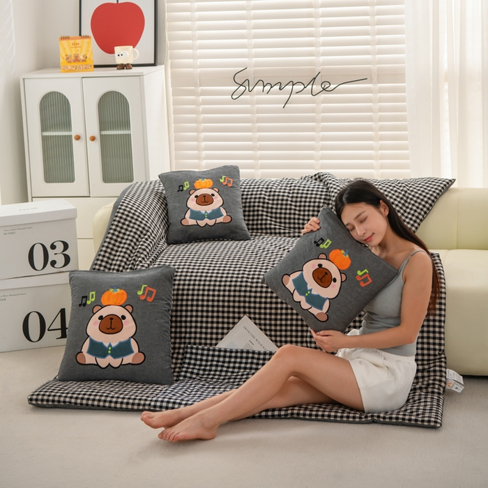 91家纺网 家纺一手货源 找家纺 吉利家居 2025新款全棉色织水洗抱枕被-卡皮巴拉 控价小号65 大号92 小黑格