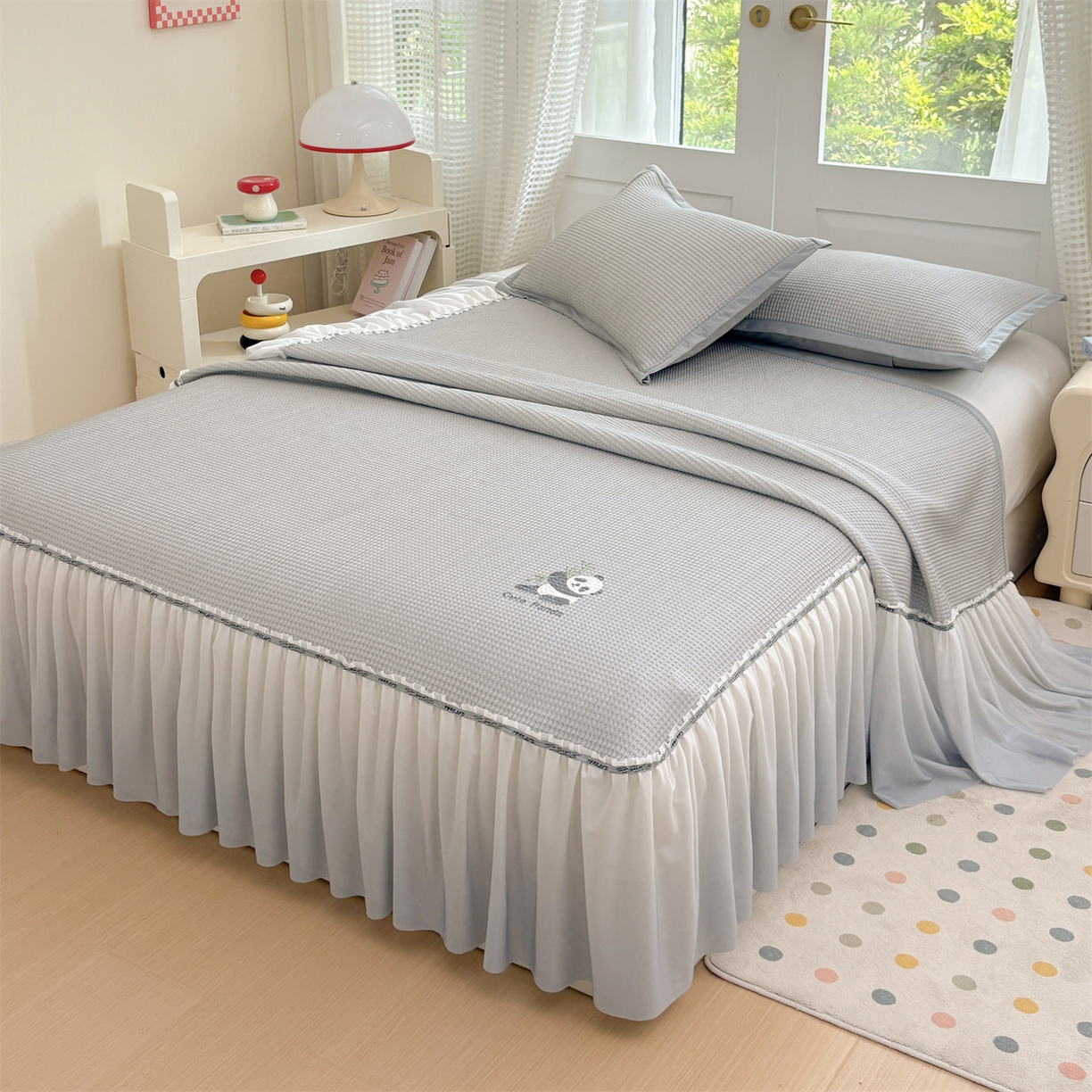宜派家纺 2025新款高分子凉感丝床裙凉席三件套系列 可爱熊-灰 床裙款