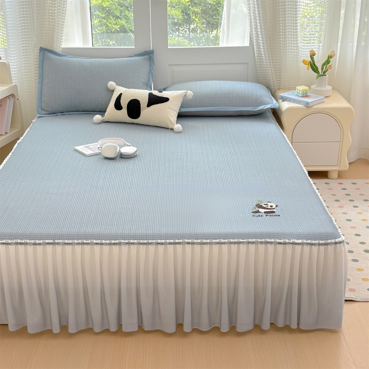 91家纺网 家纺一手货源 找家纺 宜派家纺 2025新款高分子凉感丝床裙凉席三件套系列 可爱熊-蓝 床裙款