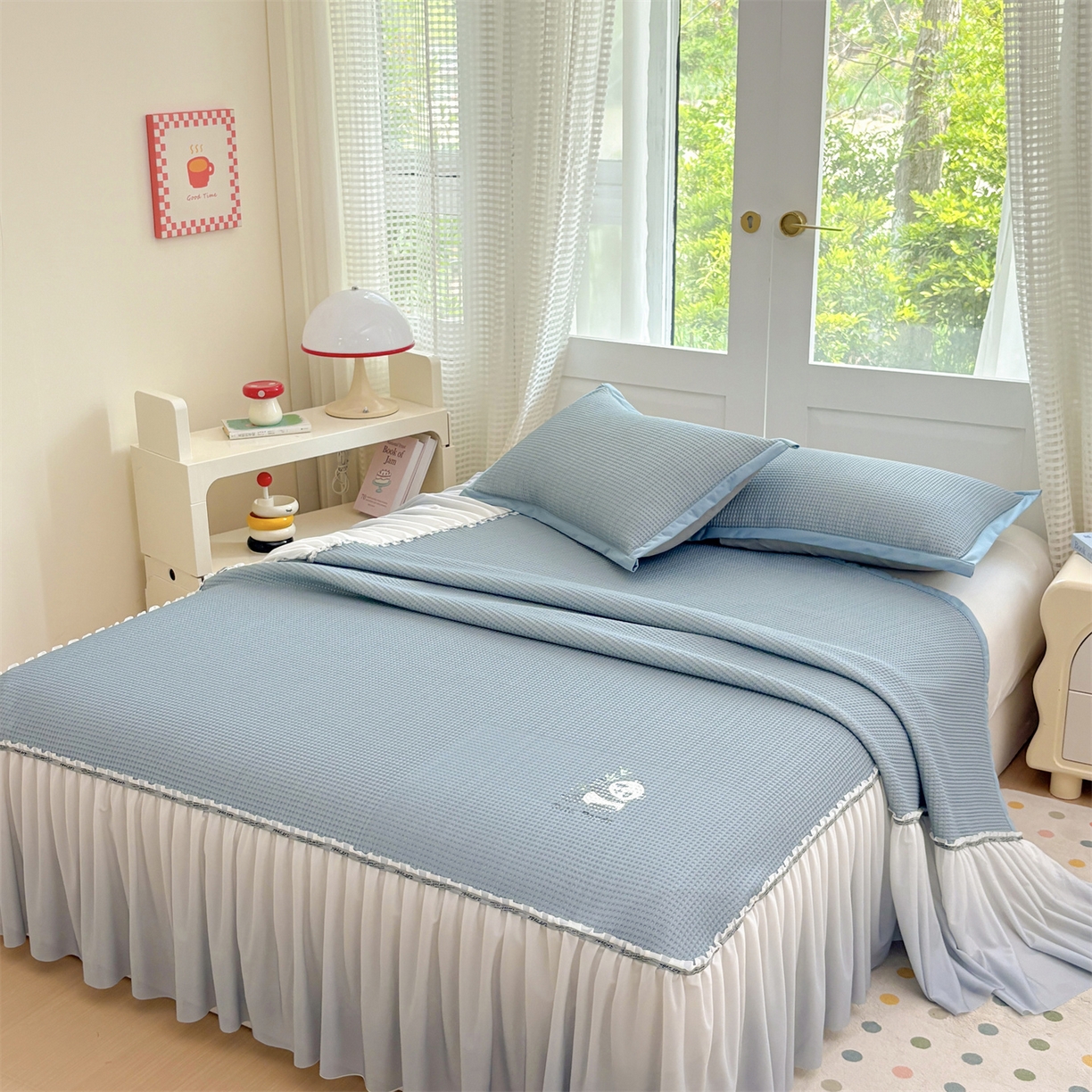 91家纺网 家纺一手货源 找家纺 宜派家纺 2025新款高分子凉感丝床裙凉席三件套系列 可爱熊-蓝 床裙款