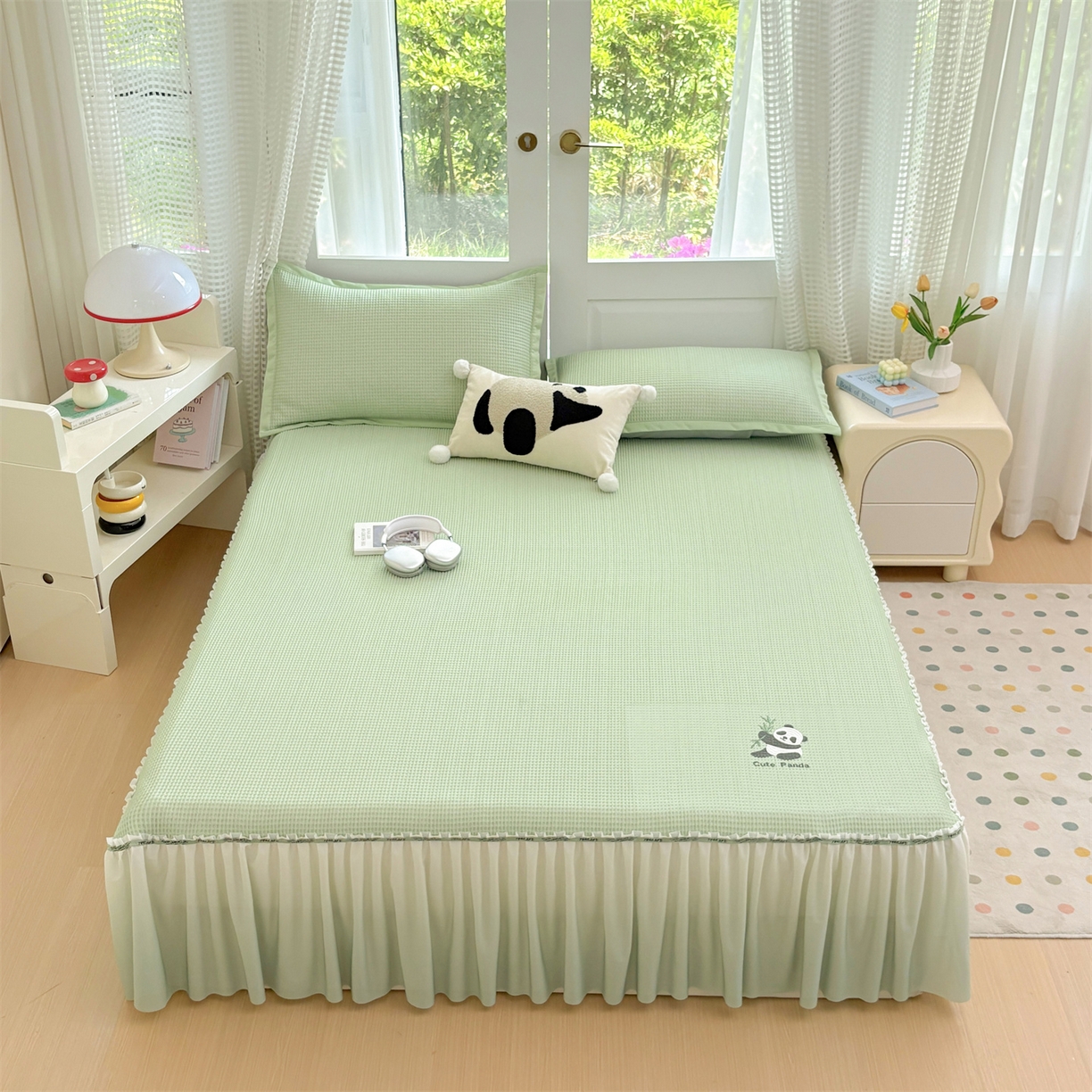 91家纺网 家纺一手货源 找家纺 宜派家纺 2025新款高分子凉感丝床裙凉席三件套系列 可爱熊-绿 床裙款