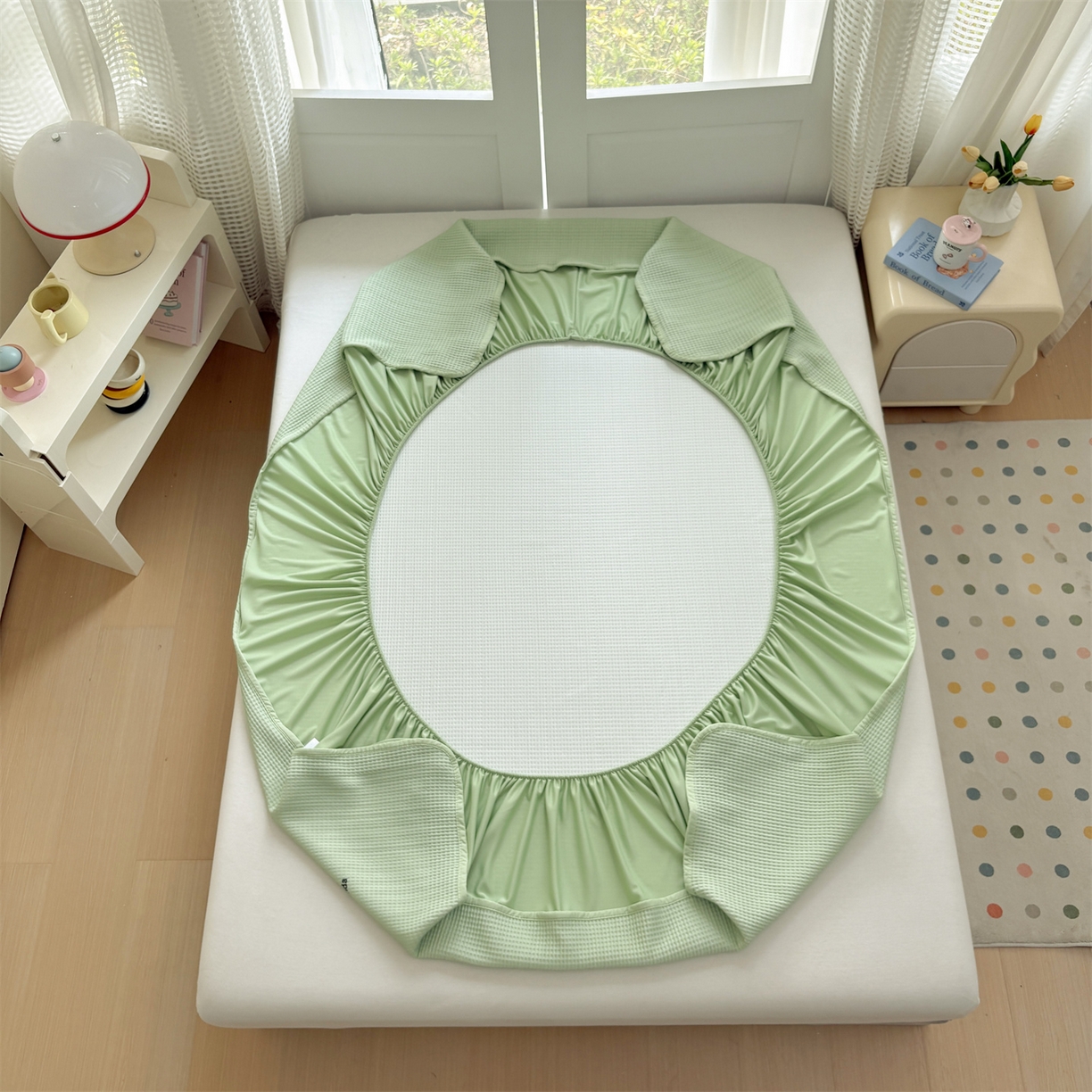 91家纺网 家纺一手货源 找家纺 宜派家纺 2025新款高分子凉感丝床裙凉席三件套系列 可爱熊-绿 床笠款