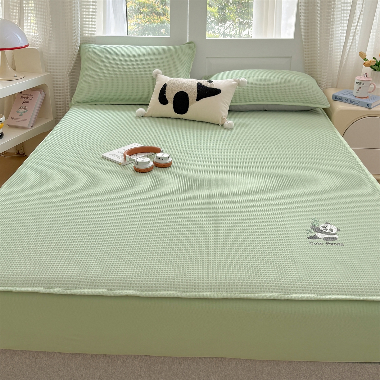 91家纺网 家纺一手货源 找家纺 宜派家纺 2025新款高分子凉感丝床裙凉席三件套系列 可爱熊-绿 床笠款