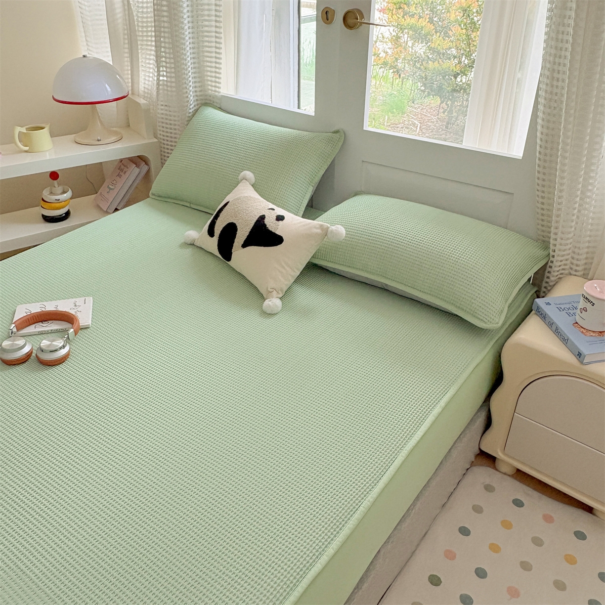 91家纺网 家纺一手货源 找家纺 宜派家纺 2025新款高分子凉感丝床裙凉席三件套系列 可爱熊-绿 床笠款