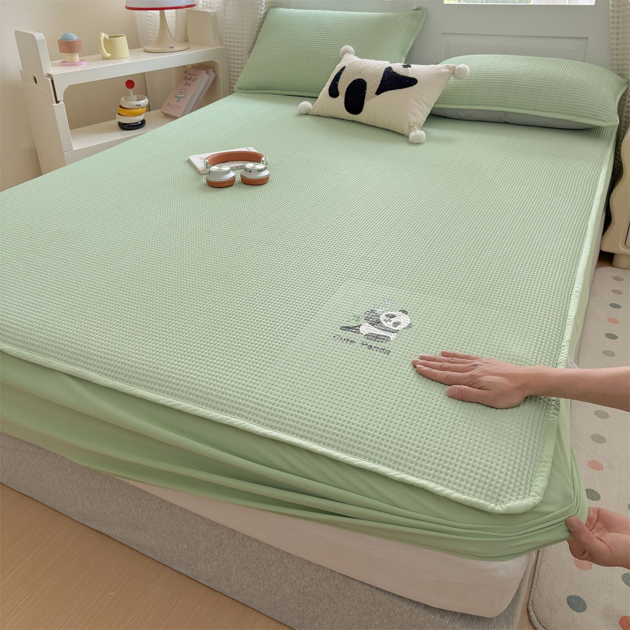 宜派家纺 2025新款高分子凉感丝床裙凉席三件套系列 可爱熊-绿 床笠款