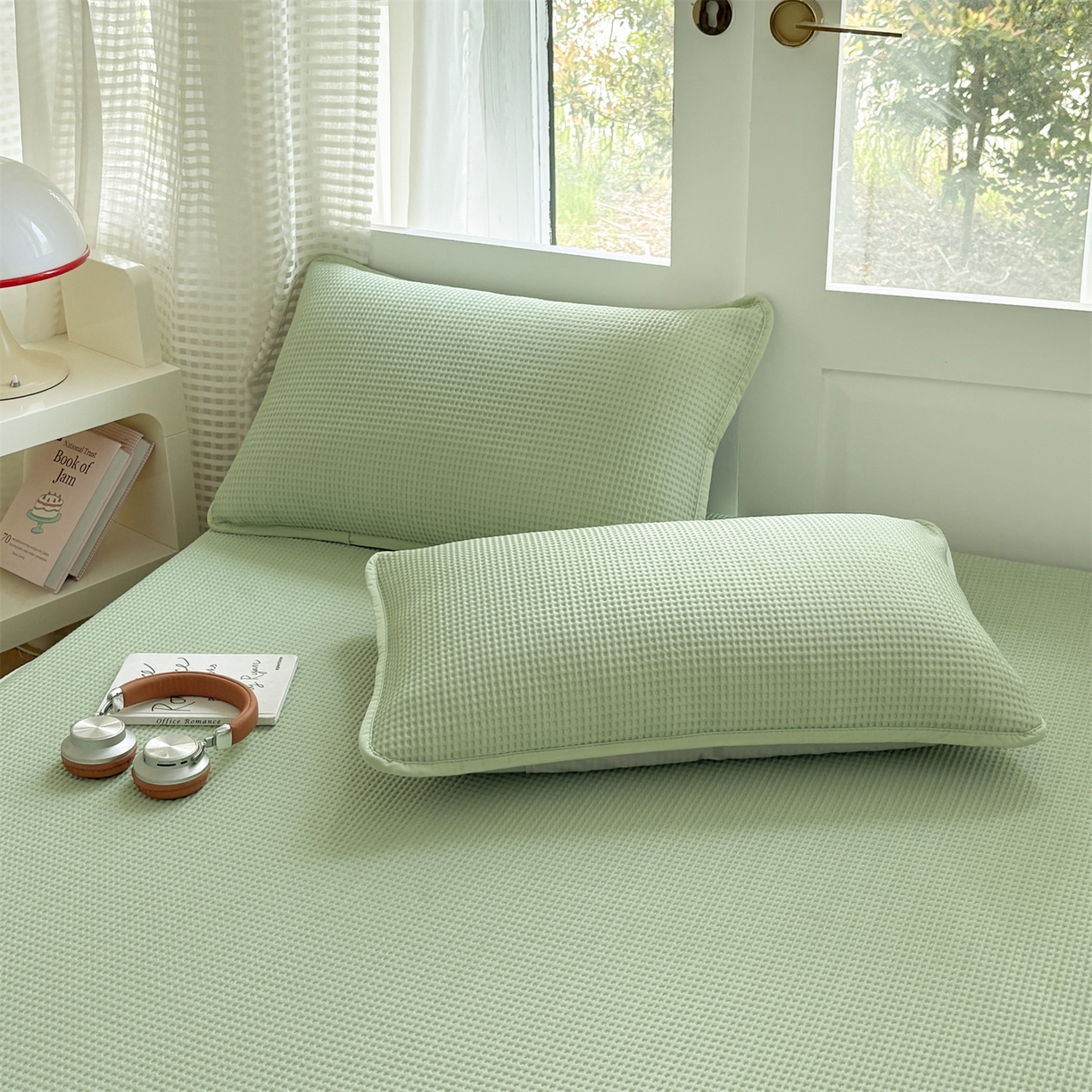 91家纺网 家纺一手货源 找家纺 宜派家纺 2025新款高分子凉感丝床裙凉席三件套系列 可爱熊-绿 床笠款