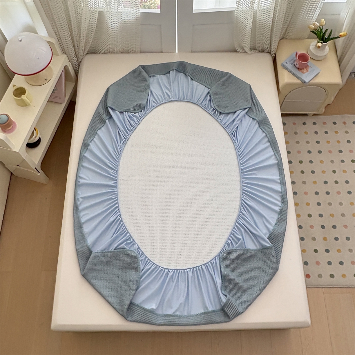 91家纺网 家纺一手货源 找家纺 宜派家纺 2025新款高分子凉感丝床裙凉席三件套系列 可爱熊-蓝 床笠款