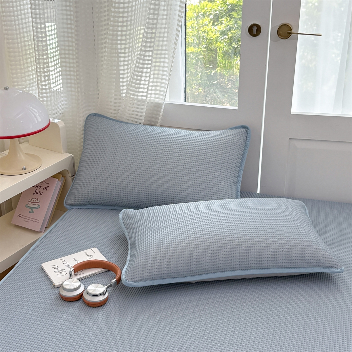 91家纺网 家纺一手货源 找家纺 宜派家纺 2025新款高分子凉感丝床裙凉席三件套系列 可爱熊-蓝 床笠款