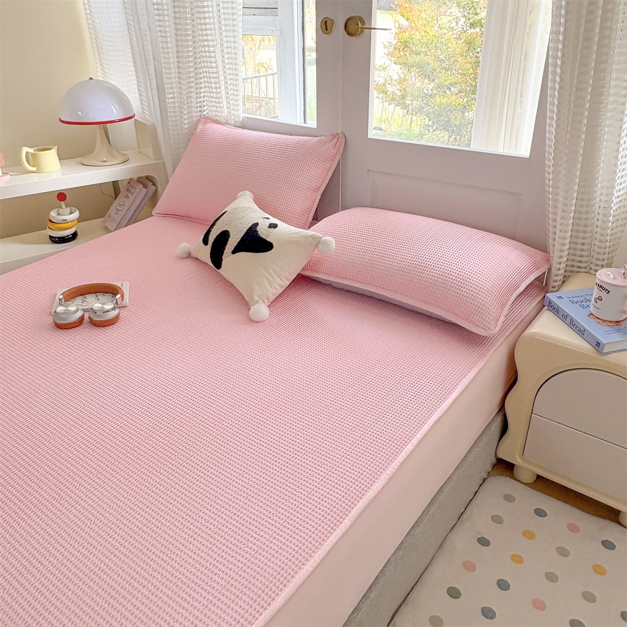 91家纺网 家纺一手货源 找家纺 宜派家纺 2025新款高分子凉感丝床裙凉席三件套系列 可爱熊-粉 床笠款