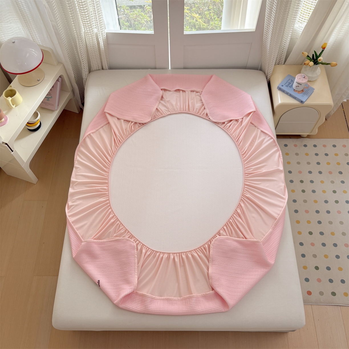 91家纺网 家纺一手货源 找家纺 宜派家纺 2025新款高分子凉感丝床裙凉席三件套系列 可爱熊-粉 床笠款