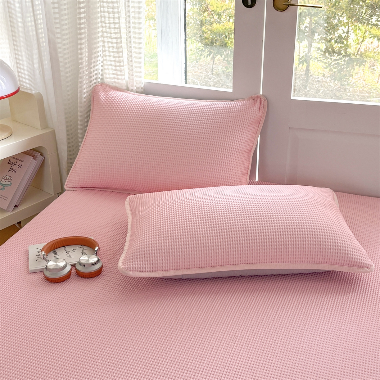 91家纺网 家纺一手货源 找家纺 宜派家纺 2025新款高分子凉感丝床裙凉席三件套系列 可爱熊-粉 床笠款