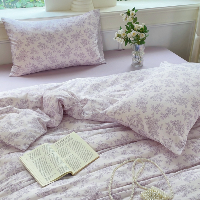 91家纺网 家纺一手货源 找家纺 集布 2025新款活性印染全棉双层纱四件套 素影繁花浅紫