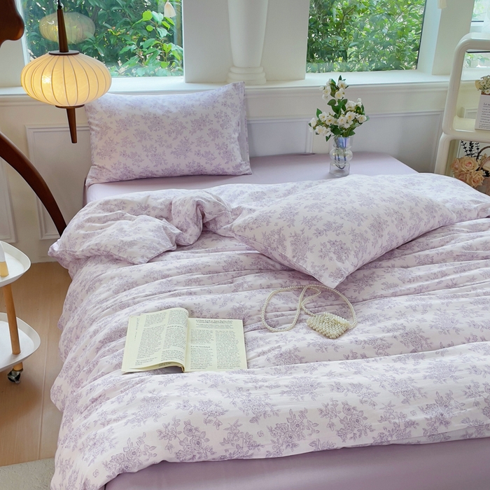 91家纺网 家纺一手货源 找家纺 集布 2025新款活性印染全棉双层纱四件套 素影繁花浅紫