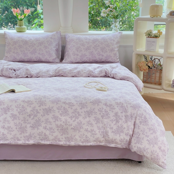 91家纺网 家纺一手货源 找家纺 集布 2025新款活性印染全棉双层纱四件套 素影繁花浅紫