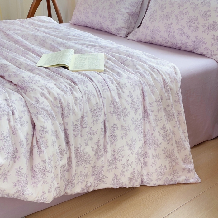 91家纺网 家纺一手货源 找家纺 集布 2025新款活性印染全棉双层纱四件套 素影繁花浅紫