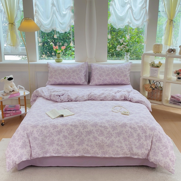 集布 2025新款活性印染全棉双层纱四件套 素影繁花浅紫