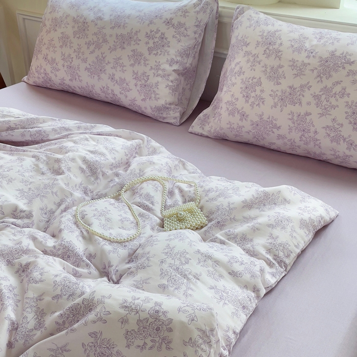 91家纺网 家纺一手货源 找家纺 集布 2025新款活性印染全棉双层纱四件套 素影繁花浅紫