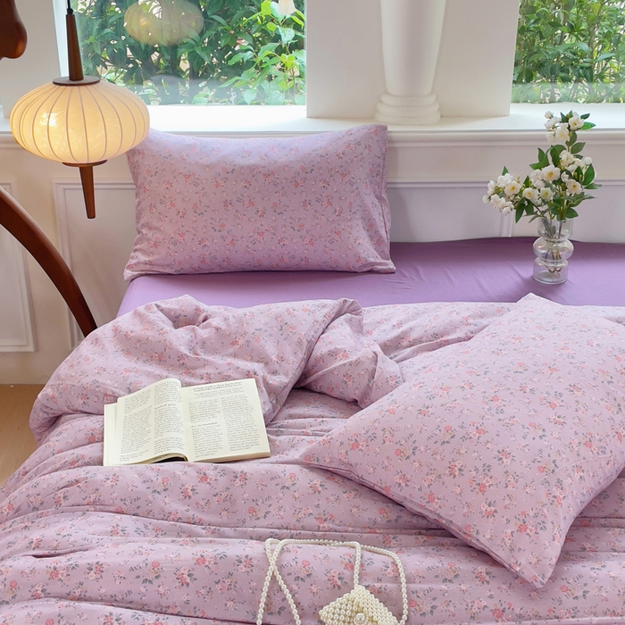 91家纺网 家纺一手货源 找家纺 集布 2025新款活性印染全棉双层纱四件套 花漾漫记紫