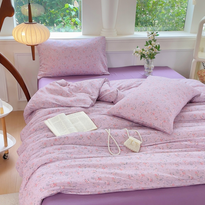 91家纺网 家纺一手货源 找家纺 集布 2025新款活性印染全棉双层纱四件套 花漾漫记紫