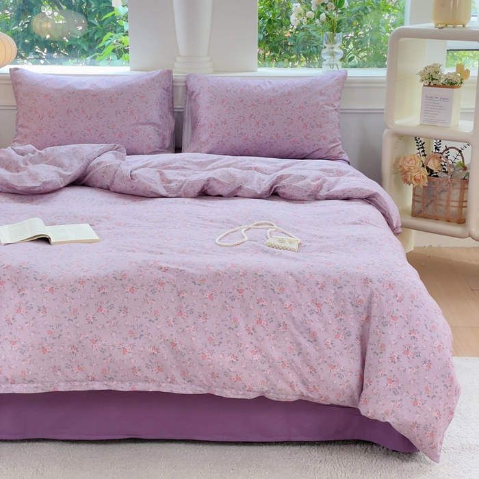 91家纺网 家纺一手货源 找家纺 集布 2025新款活性印染全棉双层纱四件套 花漾漫记紫