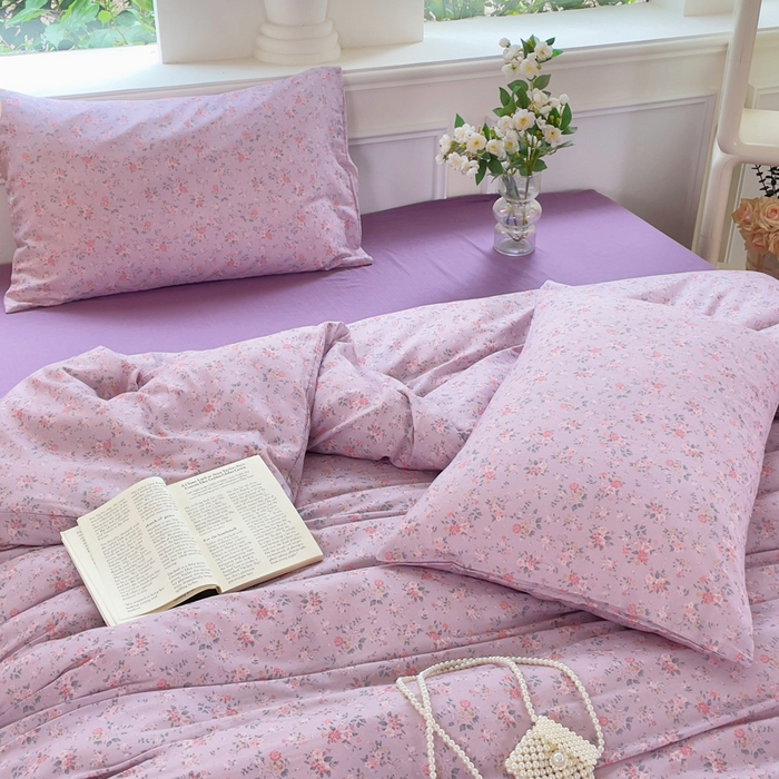 91家纺网 家纺一手货源 找家纺 集布 2025新款活性印染全棉双层纱四件套 花漾漫记紫