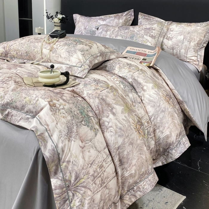 91家纺网 家纺一手货源 找家纺 大麦乐田 2025新款数码印花一字绣宽边四件套 梦境 灰咖