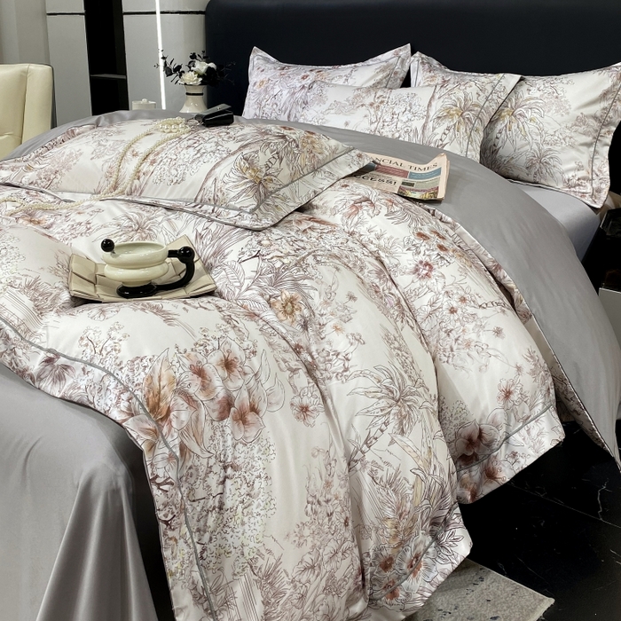 大麦乐田 2025新款数码印花一字绣宽边四件套 寻觅 灰咖