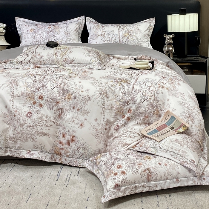 91家纺网 家纺一手货源 找家纺 大麦乐田 2025新款数码印花一字绣宽边四件套 寻觅 灰咖