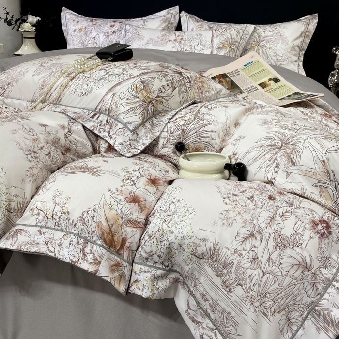 91家纺网 家纺一手货源 找家纺 大麦乐田 2025新款数码印花一字绣宽边四件套 寻觅 灰咖