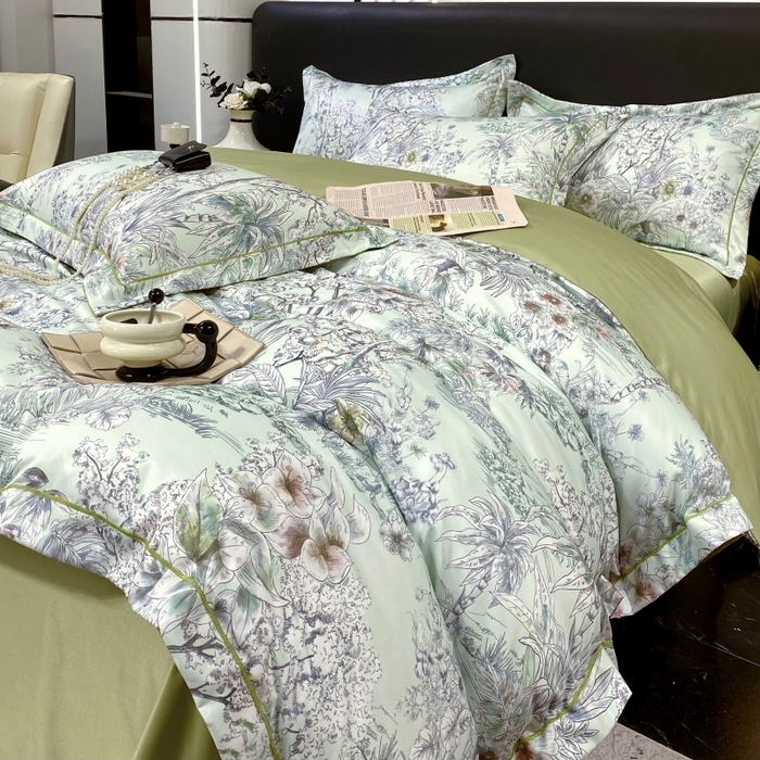 91家纺网 家纺一手货源 找家纺 大麦乐田 2025新款数码印花一字绣宽边四件套 寻觅 绿