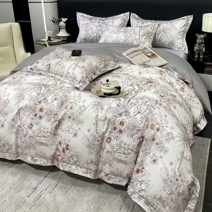 91家纺网 家纺一手货源 找家纺 大麦乐田 2025新款数码印花一字绣宽边四件套 寻觅 灰咖