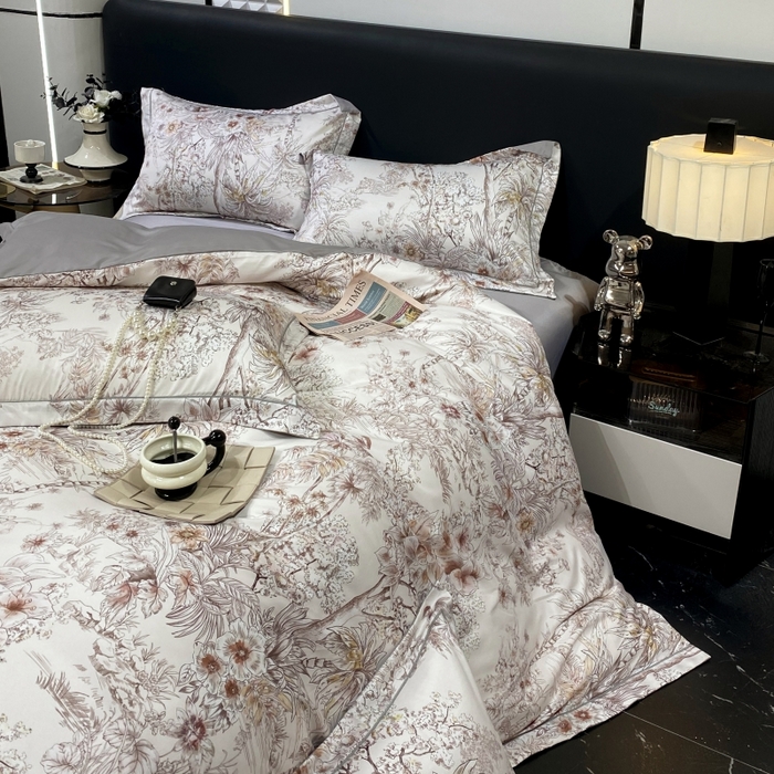 91家纺网 家纺一手货源 找家纺 大麦乐田 2025新款数码印花一字绣宽边四件套 寻觅 灰咖