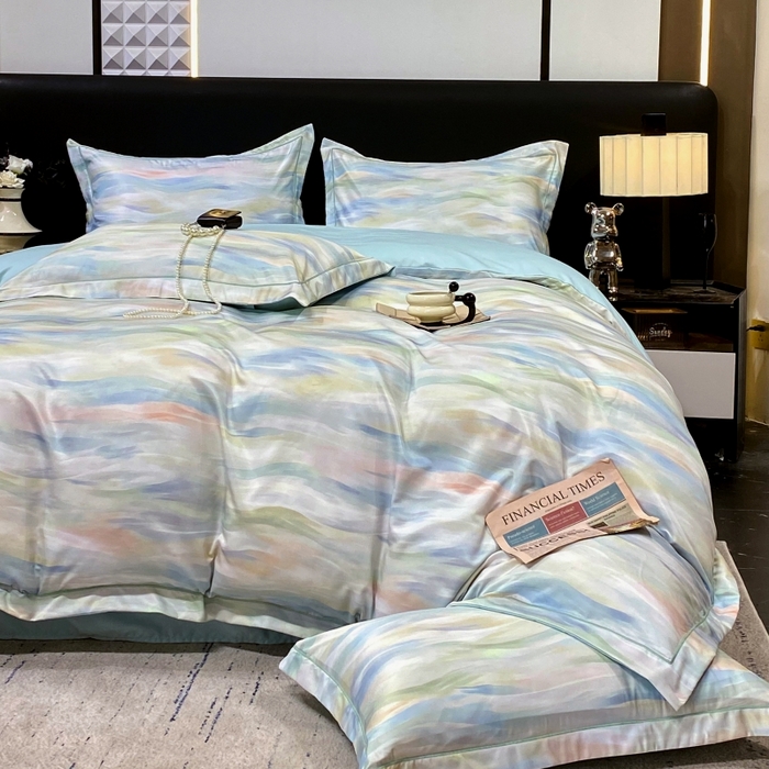 91家纺网 家纺一手货源 找家纺 大麦乐田 2025新款数码印花一字绣宽边四件套 幻彩 兰