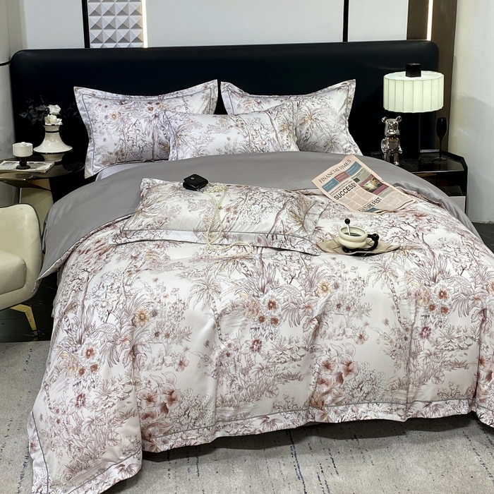 91家纺网 家纺一手货源 找家纺 大麦乐田 2025新款数码印花一字绣宽边四件套 寻觅 灰咖