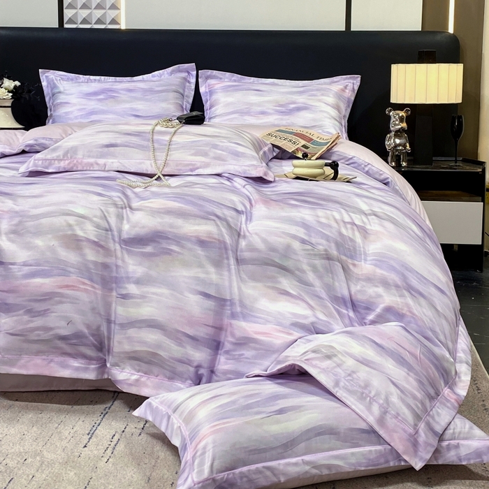 91家纺网 家纺一手货源 找家纺 大麦乐田 2025新款数码印花一字绣宽边四件套 幻彩 紫