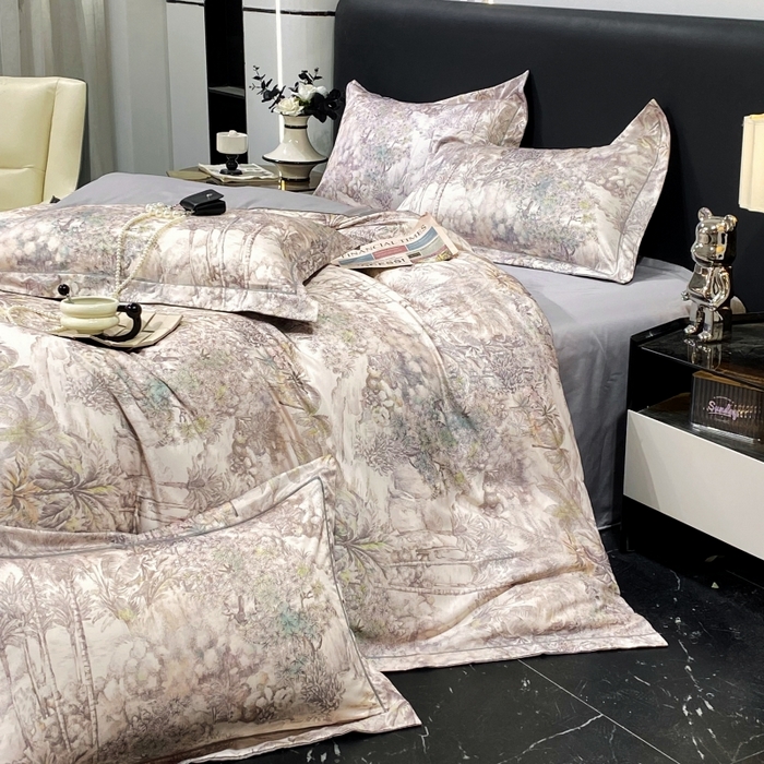 91家纺网 家纺一手货源 找家纺 大麦乐田 2025新款数码印花一字绣宽边四件套 梦境 灰咖