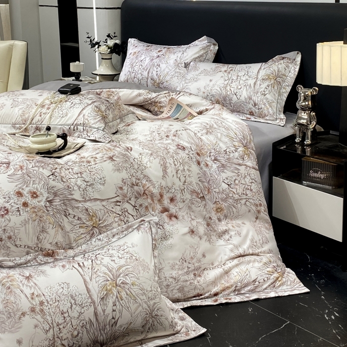 91家纺网 家纺一手货源 找家纺 大麦乐田 2025新款数码印花一字绣宽边四件套 寻觅 灰咖