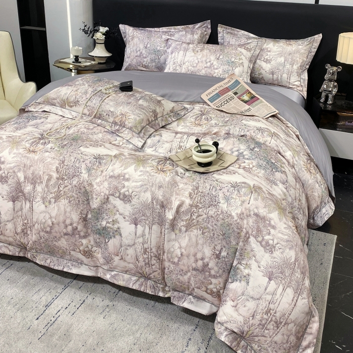 91家纺网 家纺一手货源 找家纺 大麦乐田 2025新款数码印花一字绣宽边四件套 梦境 灰咖