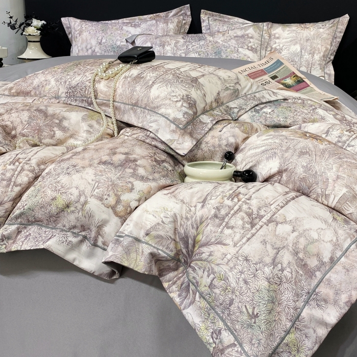 91家纺网 家纺一手货源 找家纺 大麦乐田 2025新款数码印花一字绣宽边四件套 梦境 灰咖