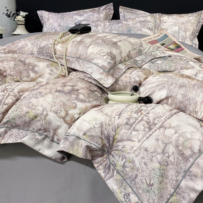 91家纺网 家纺一手货源 找家纺 大麦乐田 2025新款数码印花一字绣宽边四件套 梦境 灰咖