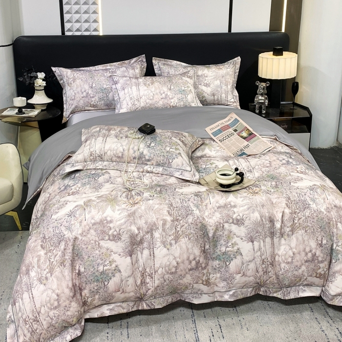 91家纺网 家纺一手货源 找家纺 大麦乐田 2025新款数码印花一字绣宽边四件套 梦境 灰咖