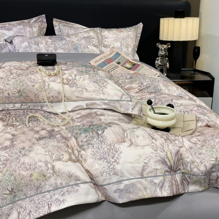 91家纺网 家纺一手货源 找家纺 大麦乐田 2025新款数码印花一字绣宽边四件套 梦境 灰咖