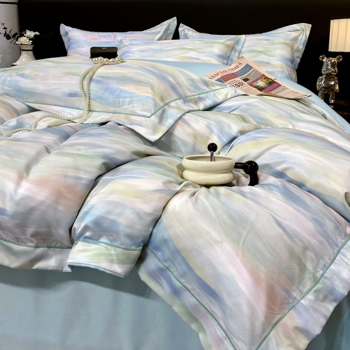 91家纺网 家纺一手货源 找家纺 大麦乐田 2025新款数码印花一字绣宽边四件套 幻彩 兰