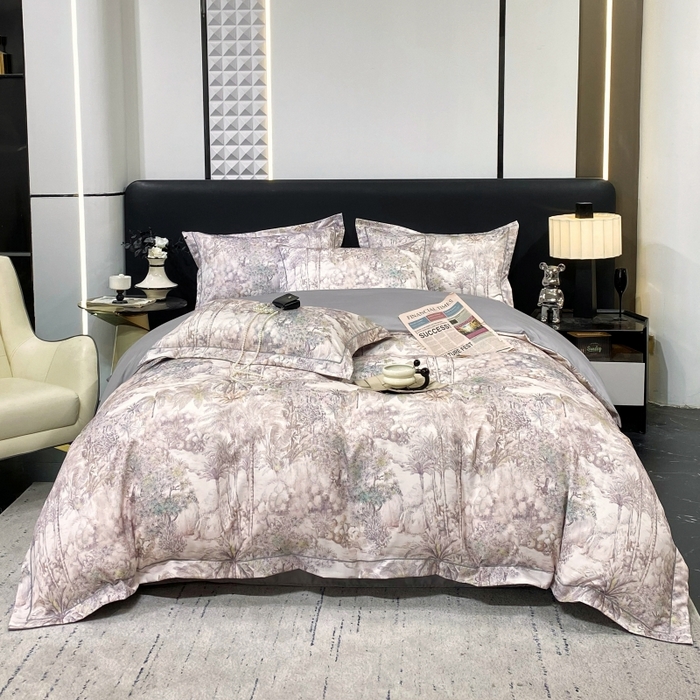 91家纺网 家纺一手货源 找家纺 大麦乐田 2025新款数码印花一字绣宽边四件套 梦境 灰咖