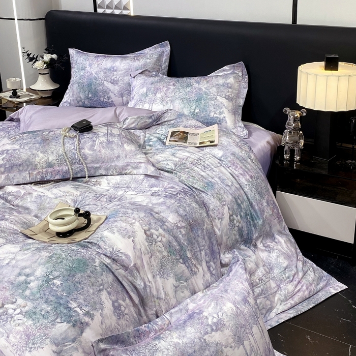 91家纺网 家纺一手货源 找家纺 大麦乐田 2025新款数码印花一字绣宽边四件套 梦境 紫